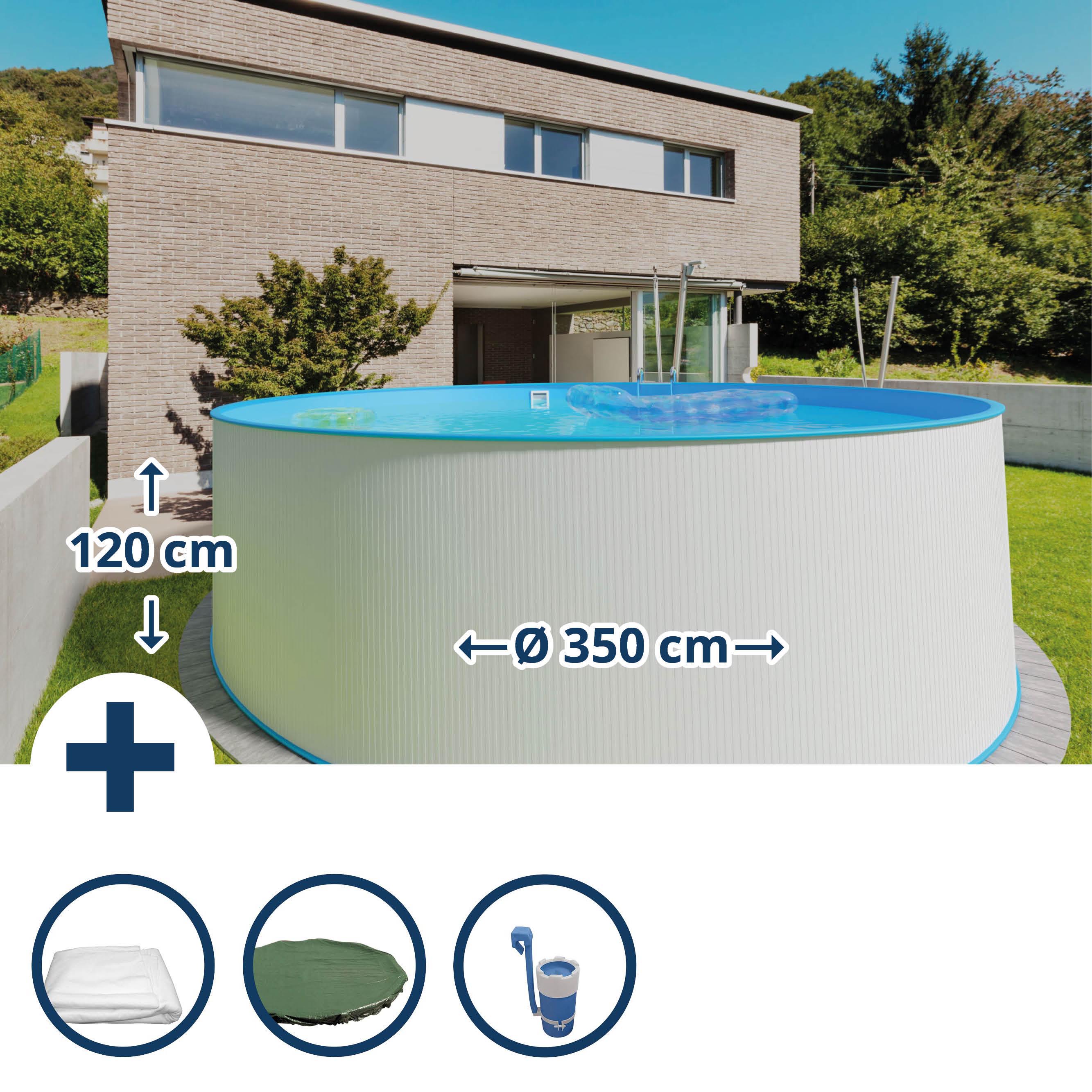 Stahlwandpool Set (4-teilig) rund 350 x 120 cm, Stahl 0,4 mm weiß Folie 0,4 mm blau Stahlwandpool Set (4-teilig) rund 350 x 120 cm, Stahl 0,4 mm weiß Folie 0,4 mm blau